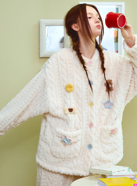 PJOCLOCK睡时记睡衣女冬天珊瑚绒加厚可爱小熊圆领可外穿家居服