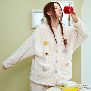 PJOCLOCK睡时记睡衣女冬天珊瑚绒加厚可爱小熊圆领可外穿家居服