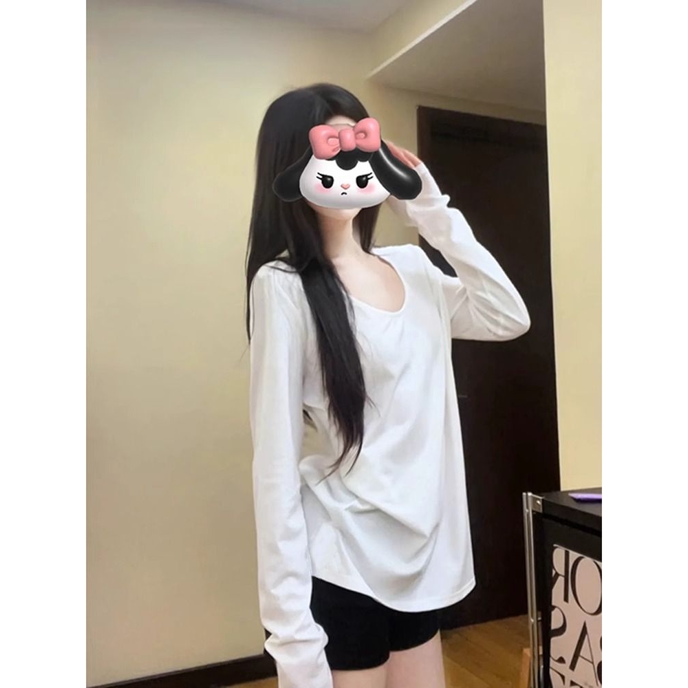 纯棉U领简约基础款T恤女白色打底衫2025春秋休闲显瘦内搭长袖上衣