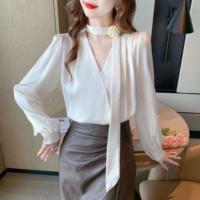 玫瑰胸花飘带衬衫2025春装新款职业通勤法式气质长袖上衣