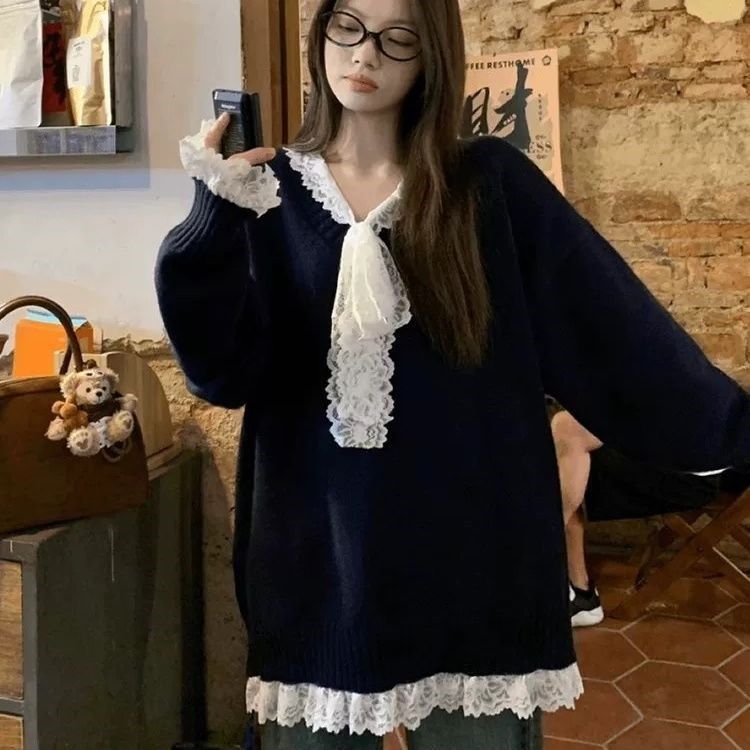 大码胖mm蕾丝拼接百搭针织衫毛衣秋冬外穿宽松加厚慵懒风套头上衣