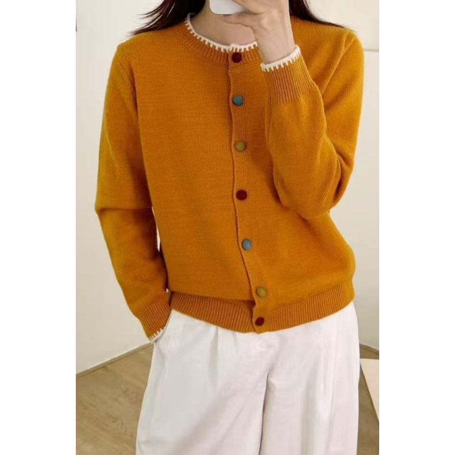 2025秋冬新款圆领彩扣加厚开衫女长袖毛衣外套宽松针织衫潮