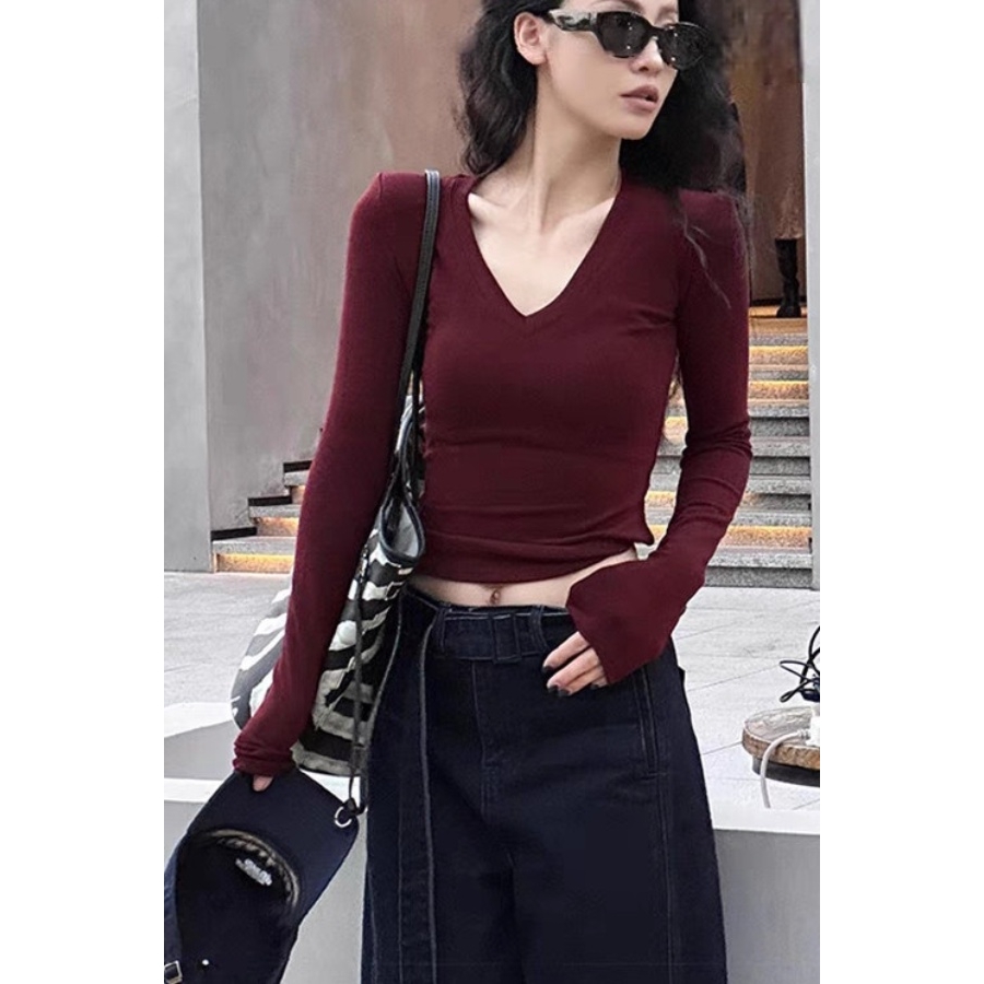 纯色短款V领长袖T恤打底衫女2025新款春秋内搭修身显瘦上衣