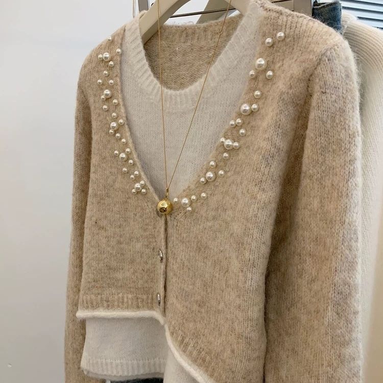 入秋韩系穿搭假两件灰色针织上衣软糯慵懒风圆领毛衣女