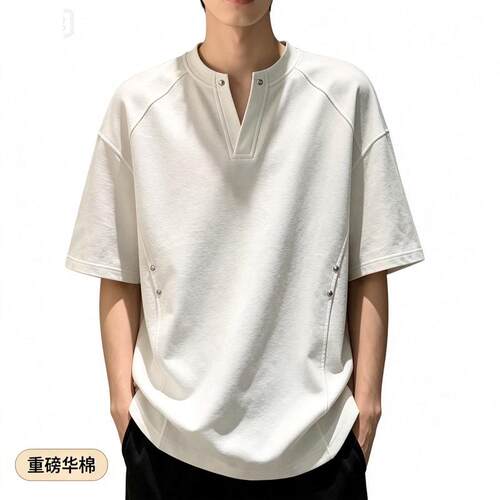 美式重磅260克华棉柳钉V领短袖t恤男女同款夏季设计半袖宽松半袖
