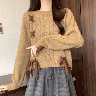 设计感系带圆领毛衣女秋冬新款小个子短款套头长袖针织打底衫上衣