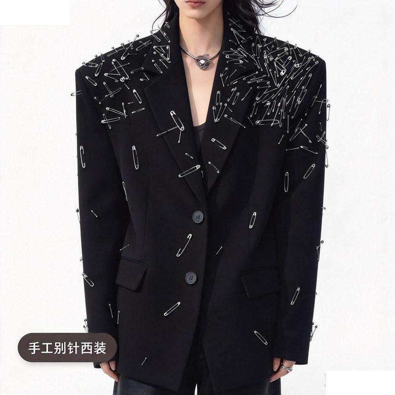 春秋款高定手工别针西装外套男秋季男士小众平驳领设计感西服男女