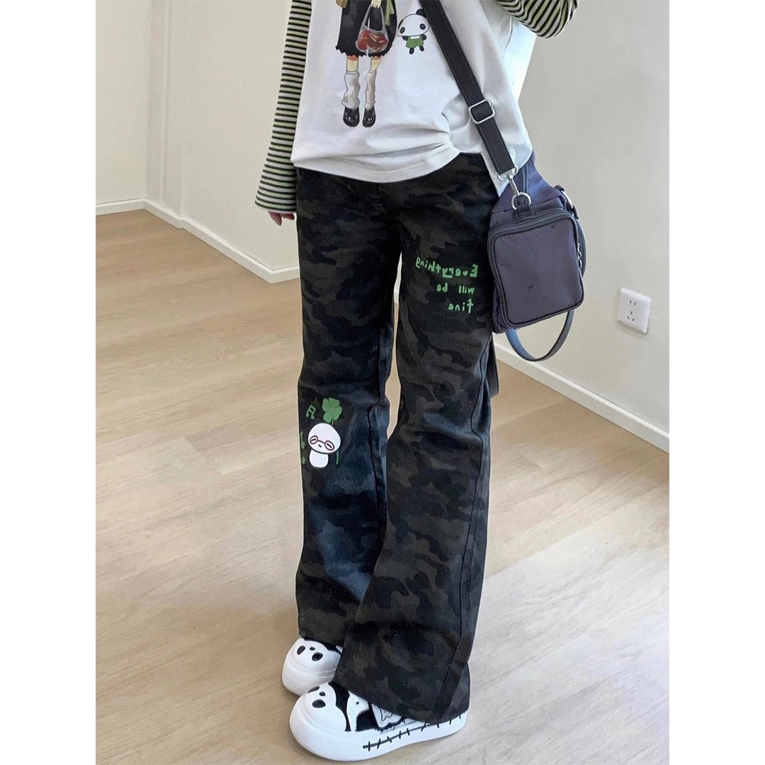 熊猫印花亚文化迷彩不贴腿微喇牛仔裤女秋季新款显瘦小个子直筒裤