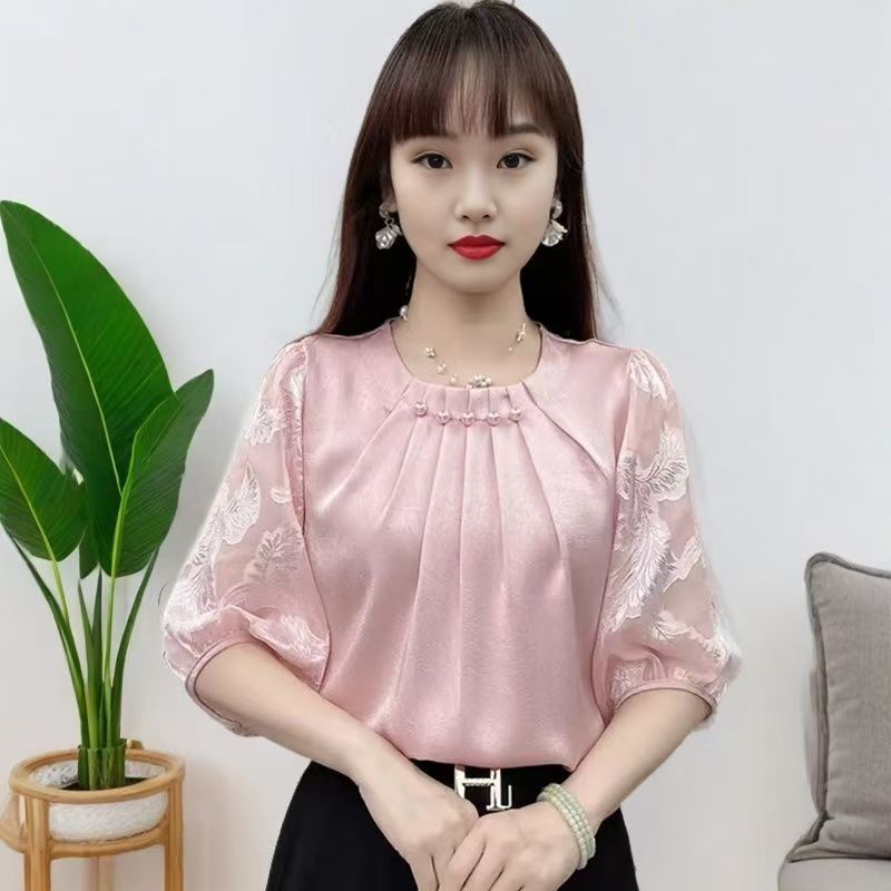 2025夏季新款提花缎面衬衫女五分袖简约通勤提花上衣设计感衬衣