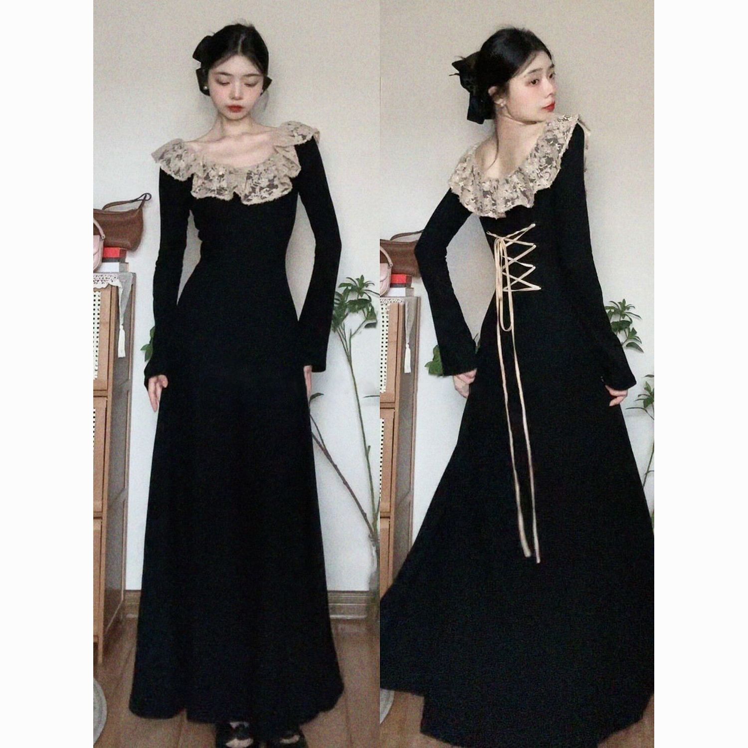 法式2025赫本新款长袖秋冬针织显瘦蕾丝气质长裙黑色连衣裙