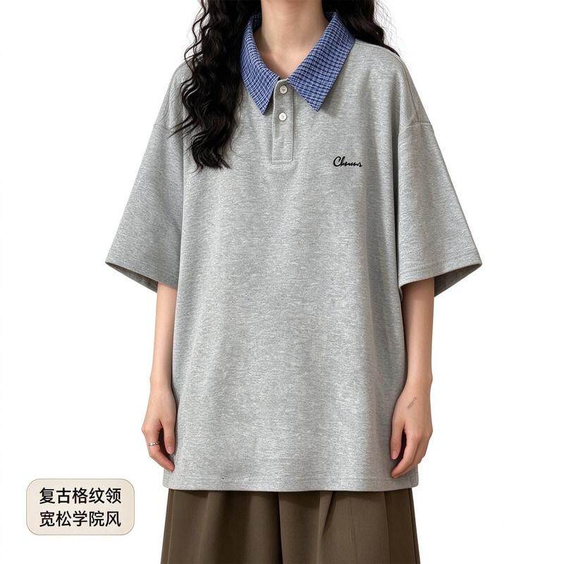 美式复古格子拼接Polo领短袖T恤夏季新款学院风休闲百搭半袖上衣