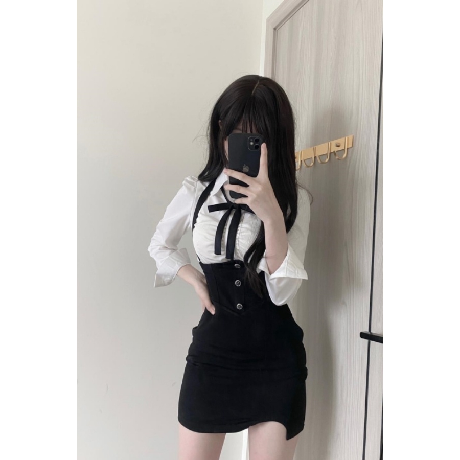 学院风制服套装女秋季小个子泡泡袖衬衫挂脖背带包臀连衣裙两件套