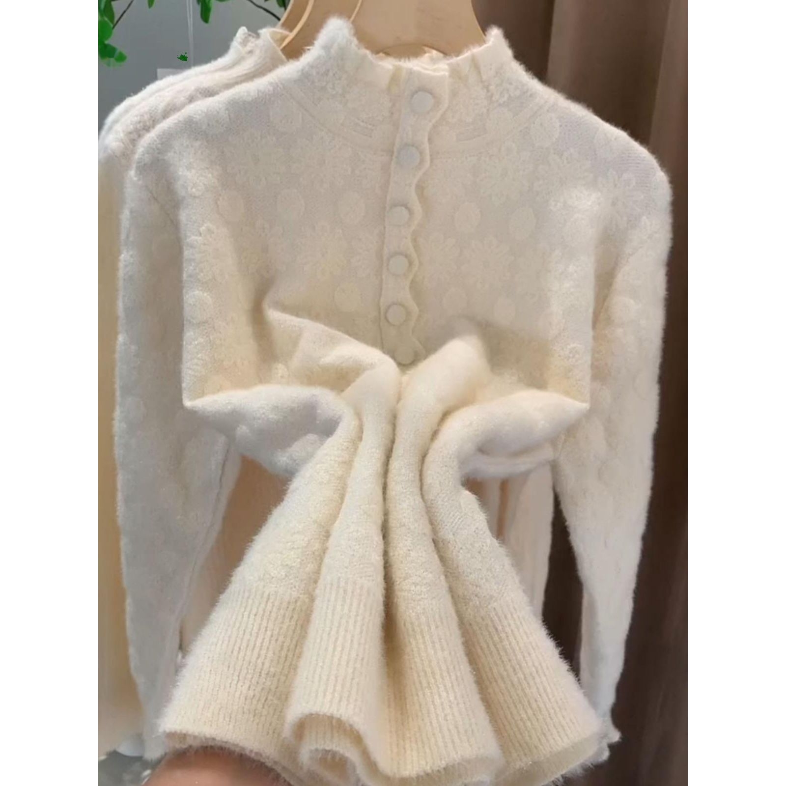 韩系半高领蕾丝磨毛打底针织衫毛衣女秋冬新款慵懒风软糯百搭上衣