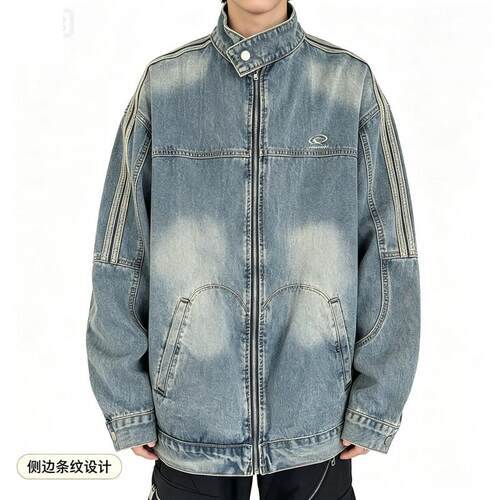 美式侧边条纹牛仔外套男春秋款美式复古高级感欧美潮牌条纹立领12