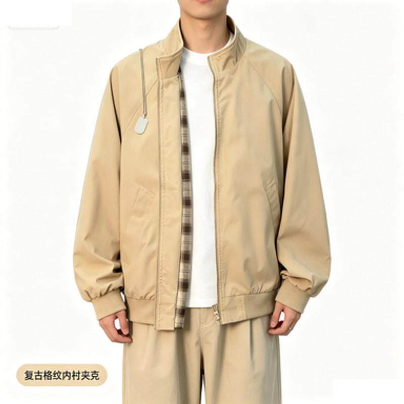 美式复古格纹内衬外套男款秋季哈灵顿立领夹克休闲宽松棒球服