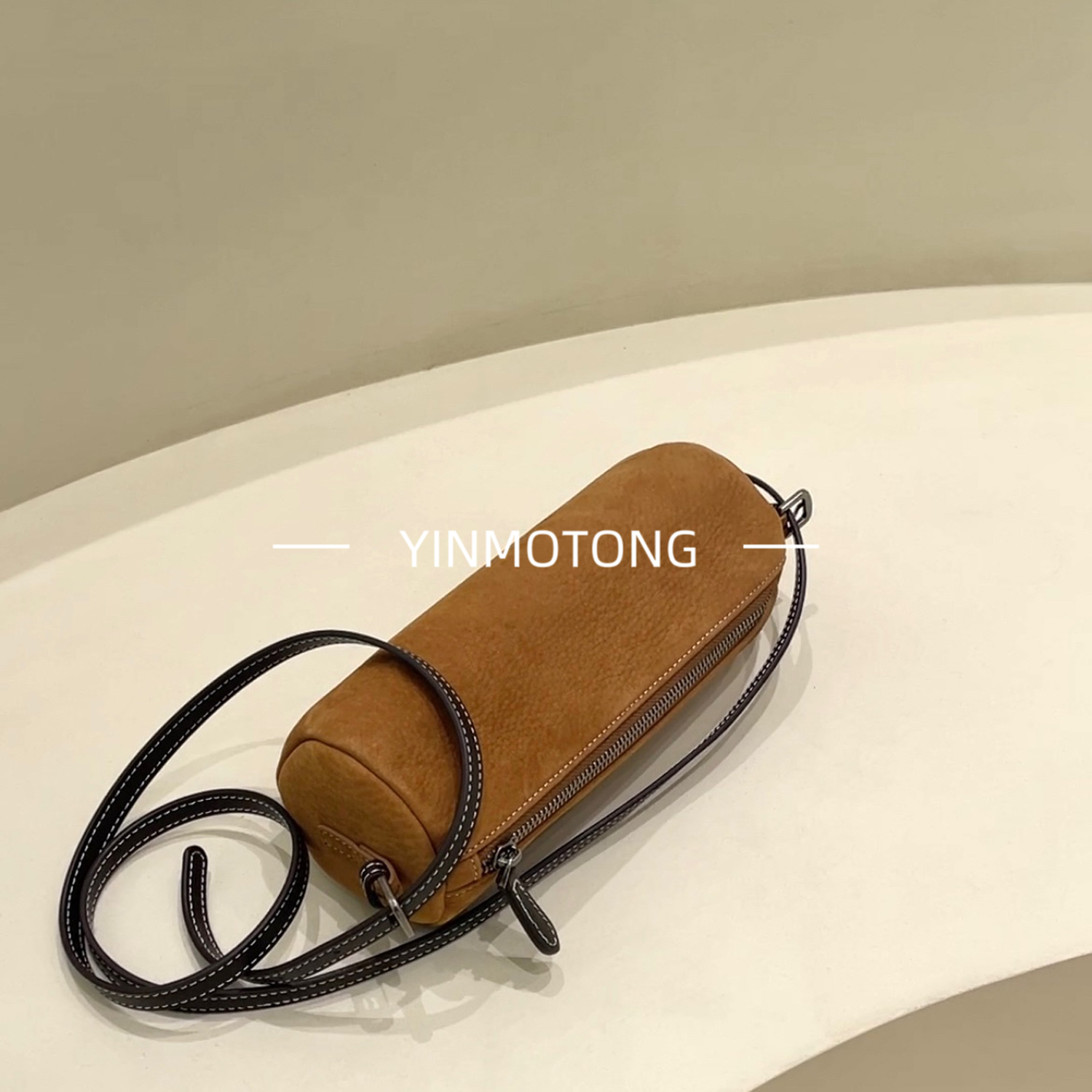 韩国直送小众设计师软牛皮单肩圆笔筒包vintage中古斜挎包腋下包