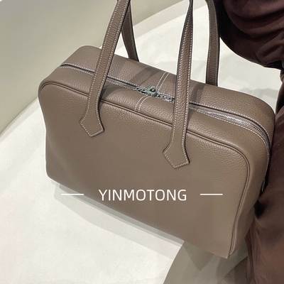 韩国直送独家进口荔枝纹牛皮单肩手提中古波士顿保龄球包大托特包