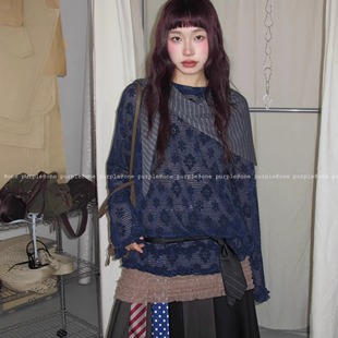 One purple| 早秋复古纯色镂空植绒花朵上衣韩版宽松百搭圆领长袖