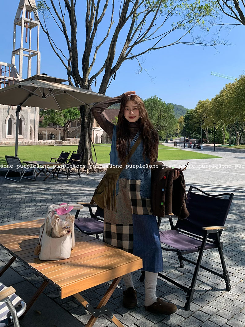 复古牛仔拼接格纹连衣裙