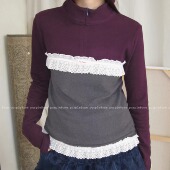 复古秋冬撞色蕾丝拼接打底通勤百搭半高领长袖 One purple 上衣女