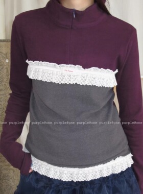 One purple| 复古秋冬撞色蕾丝拼接打底通勤百搭半高领长袖上衣女