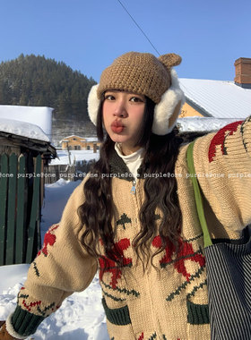 One purple|12.9 圣诞氛围感撞色刺绣翻领针织衫韩版加厚毛衣外套