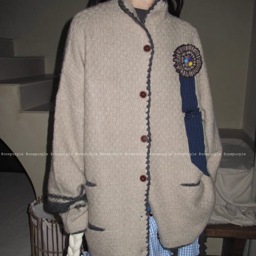 One purple|10.1New 复古撞色立领毛衣外套韩版宽松休闲毛衣开衫