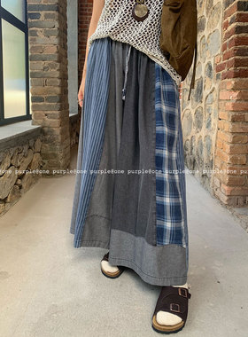 one purple| 设计感做旧拼布舒适棉料大阔腿裤复古百搭显瘦裙裤
