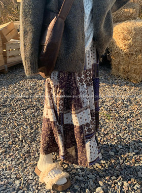 one purple10.1NEW小众复古碎花拼接叠穿半身裙韩版松紧百搭A字裙