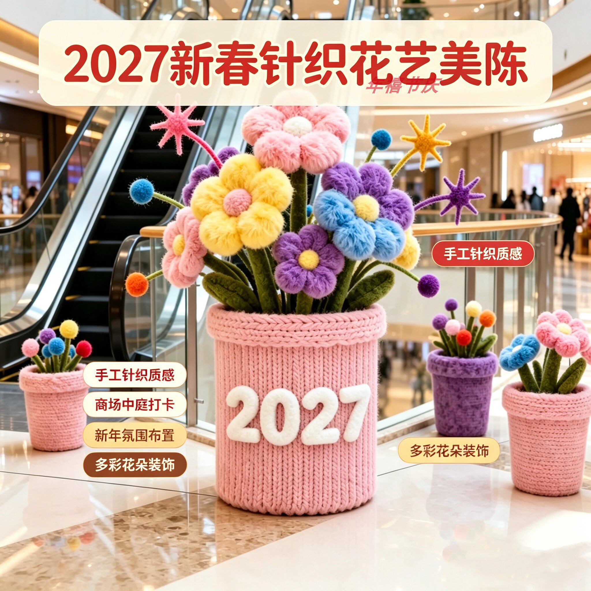 2027新春巨型针织毛线花盆景美陈商场中庭橱窗网红打卡摆件可定制