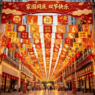 中秋国庆节步行街吊顶家国同庆主题挂旗商业街景区布置道具可定制