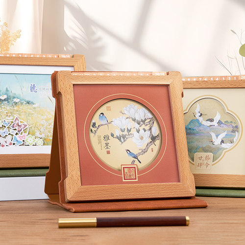 实木桌历2025年创意高档皮质相框日历礼盒装定制桌面摆件记事打卡