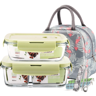 上班族微波炉加热玻璃饭盒分隔型专用碗学生水果便当密封餐盒套装