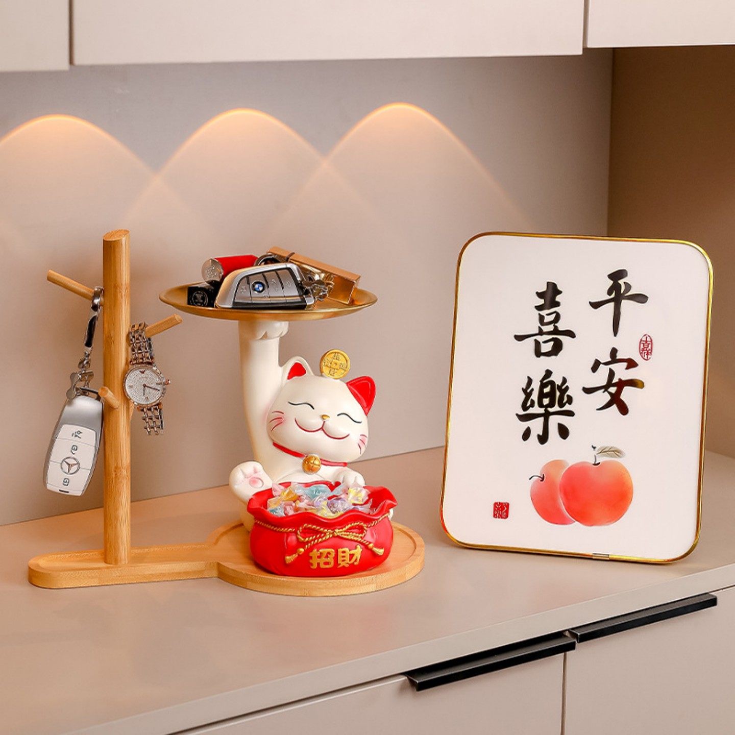 奇趣乐招财猫托盘摆件入户鞋柜钥匙收纳盘乔迁新居玄关摆件糖果盘,家居饰品,桌面摆件,淘宝优惠券,粉丝福利购,淘宝优惠卷
