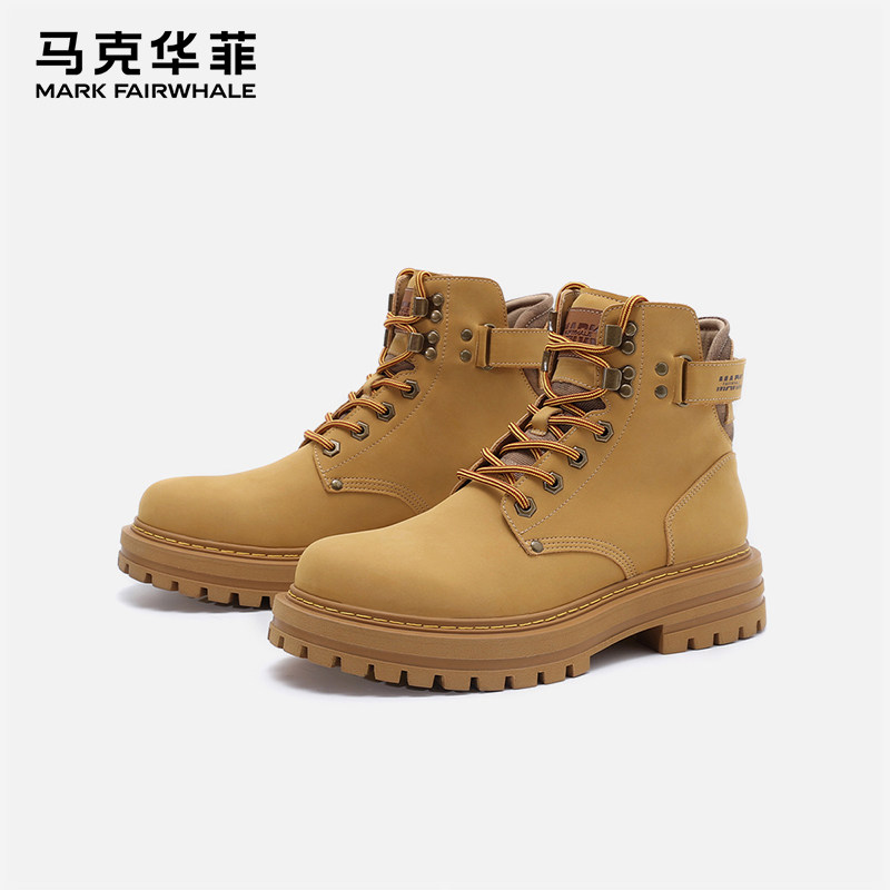 马克华菲马丁靴男款春季英伦风高帮棉鞋男中帮透气大黄工装雪地靴