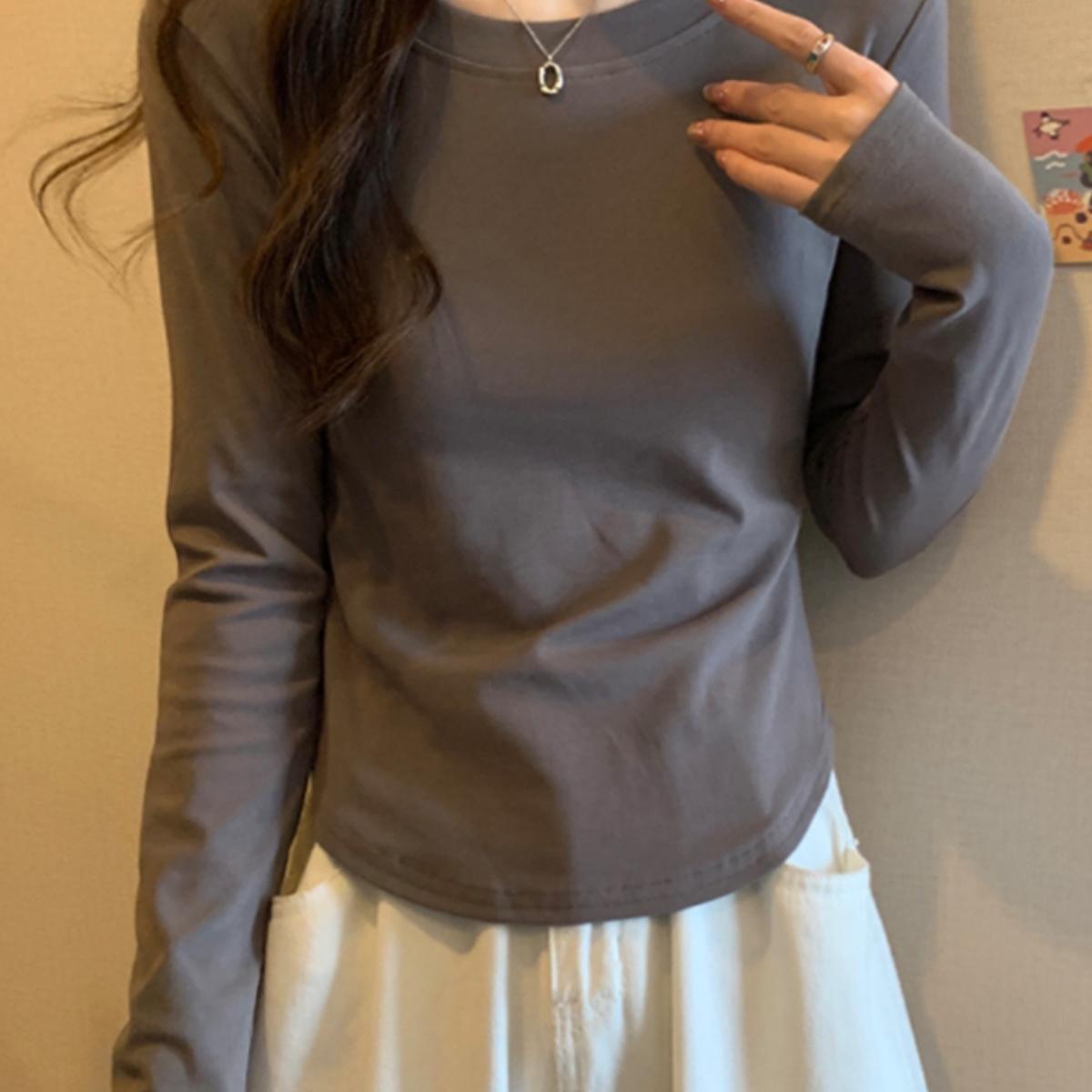 短款弧形圆领打底衫修身内搭长袖T恤女秋冬韩版纯色小众百搭上衣
