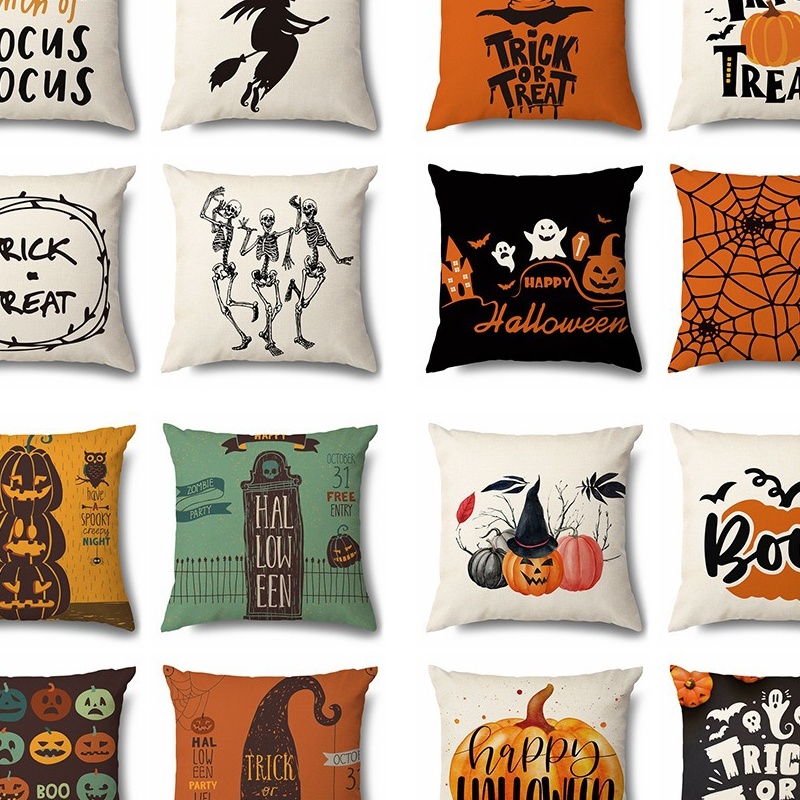 跨境亚马逊万圣节抱枕套亚麻印花南瓜女巫沙发靠枕套汽车坐垫套