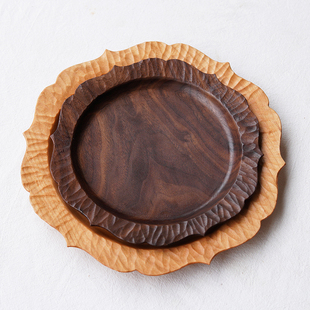 木头恰恰 手作黑胡桃圆盘花边手工雕刻木盘子直径25cm实木茶盘