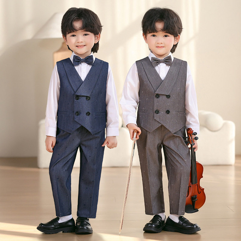 儿童西装礼服春夏新款英伦绅士马甲套装男宝宝周岁生日花童演出服