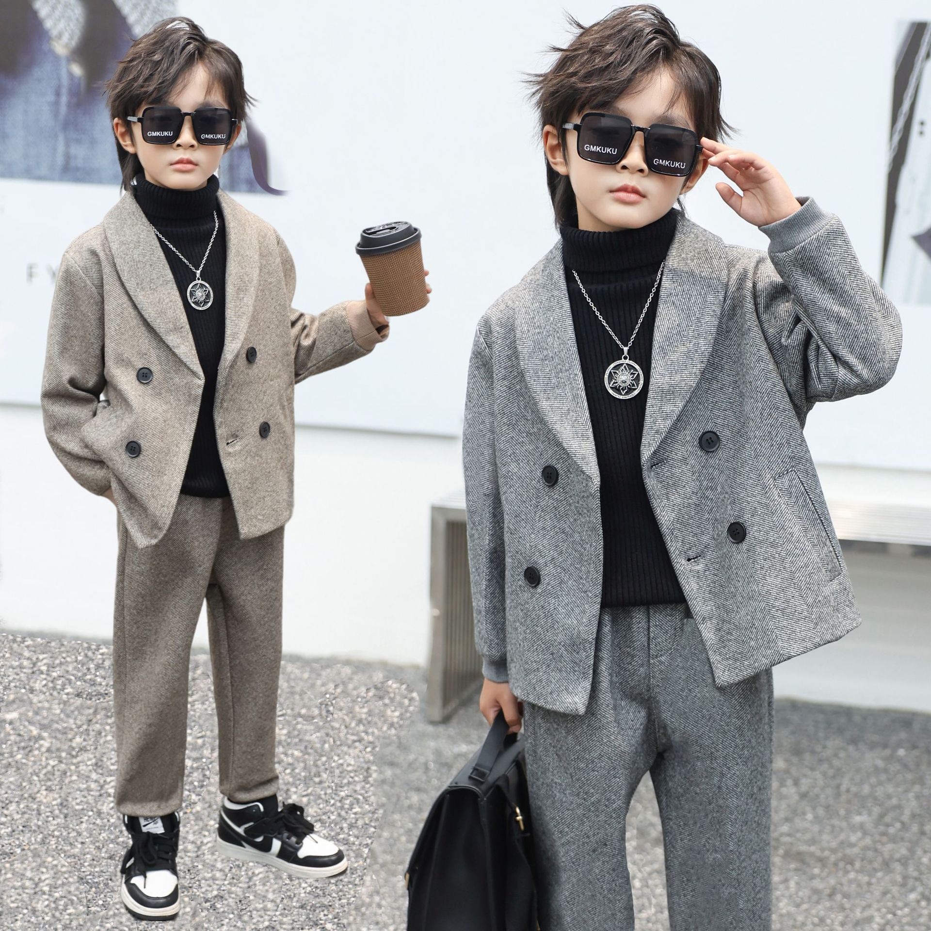 男童休闲套装西装2025呢子秋冬款儿童外套裤子两件套时尚韩版潮帅