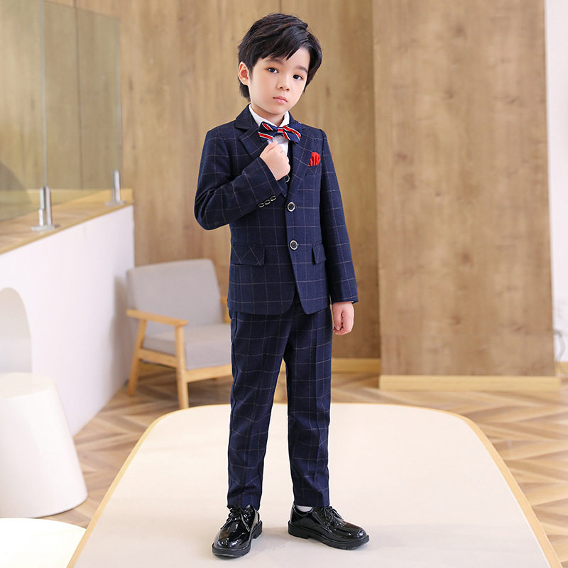 帅气儿童套装春秋新款英伦格子小西装三件套男童婚礼主持演出礼服