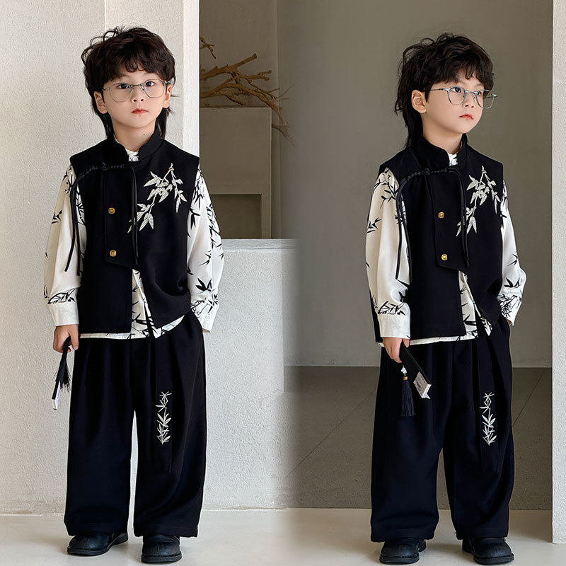 新中式男童汉服水墨马甲套装礼服