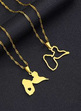 亚马逊热卖不锈钢瓜德罗普岛地图项链女时尚心形钛钢吊坠锁骨链