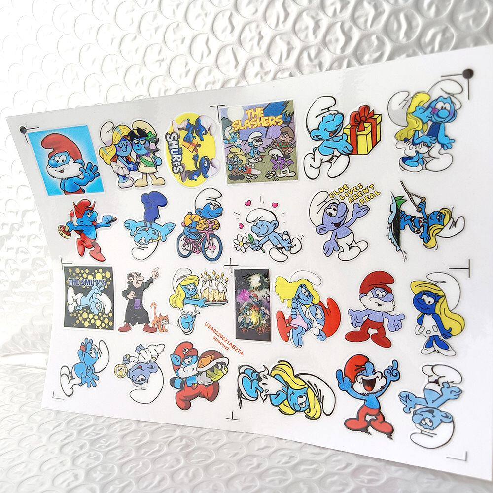 卡通蓝精灵镂空立体防水手帐笔保温水杯装饰UV转印贴纸水晶标定制