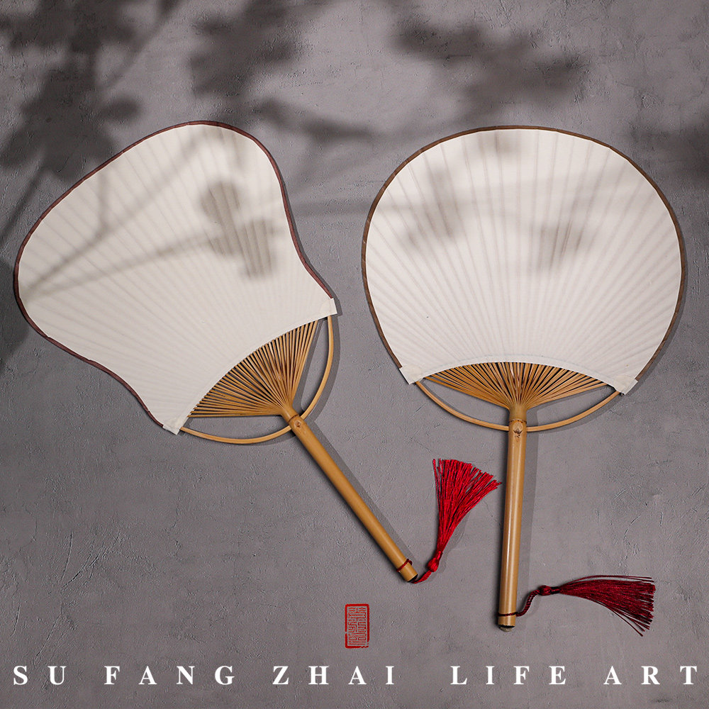 素放斋 手绘素白团扇 中式古风手工竹柄仿古宣纸水纹宣宫扇 古风