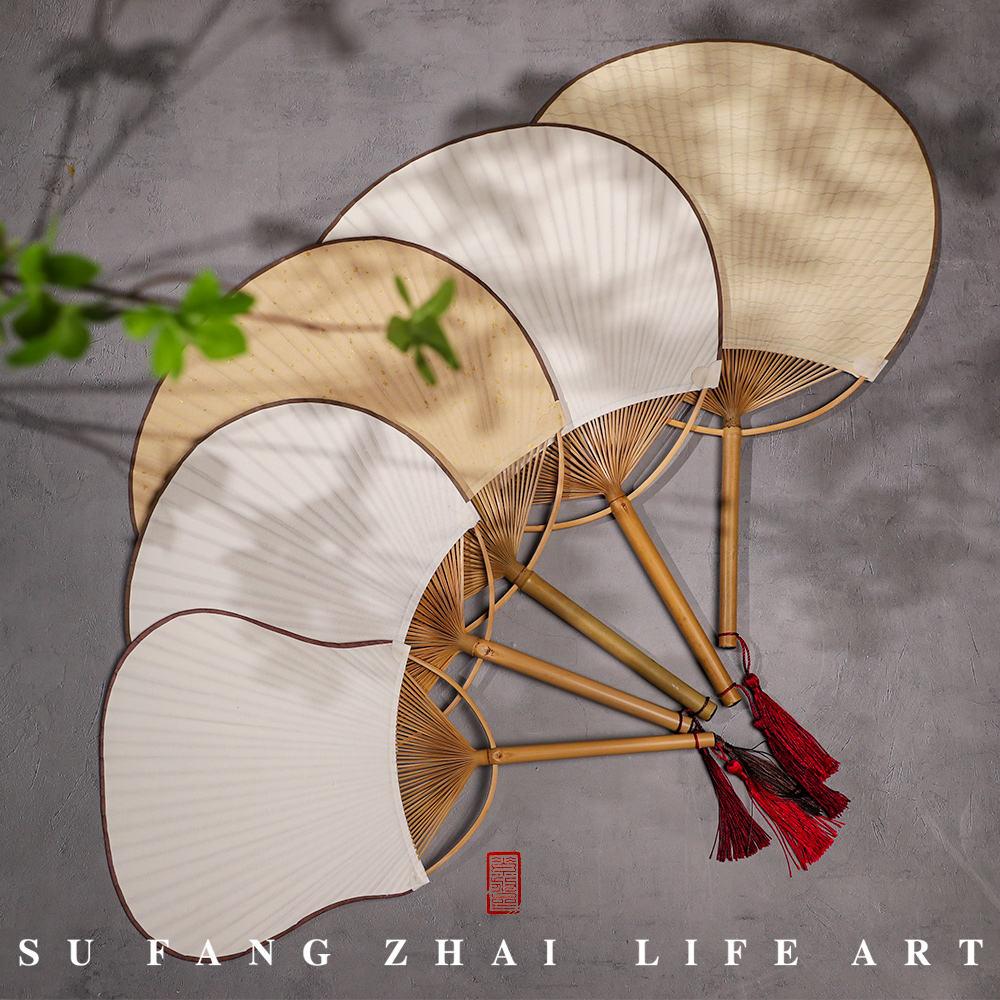 素放斋 手绘素白团扇 中式古风手工竹柄仿古宣纸水纹宣宫扇 古风