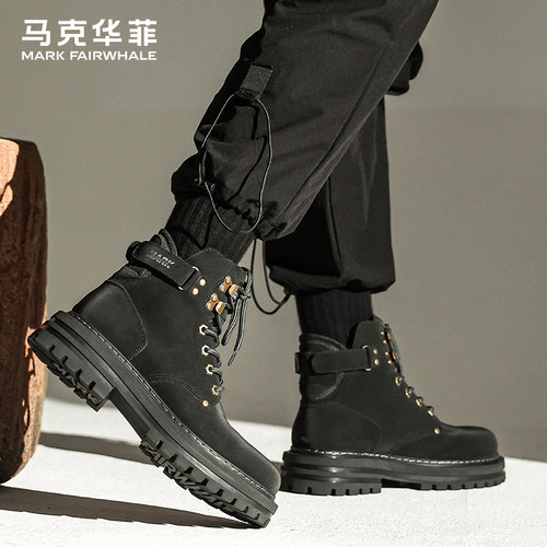 马克华菲马丁靴男真皮高帮工装靴