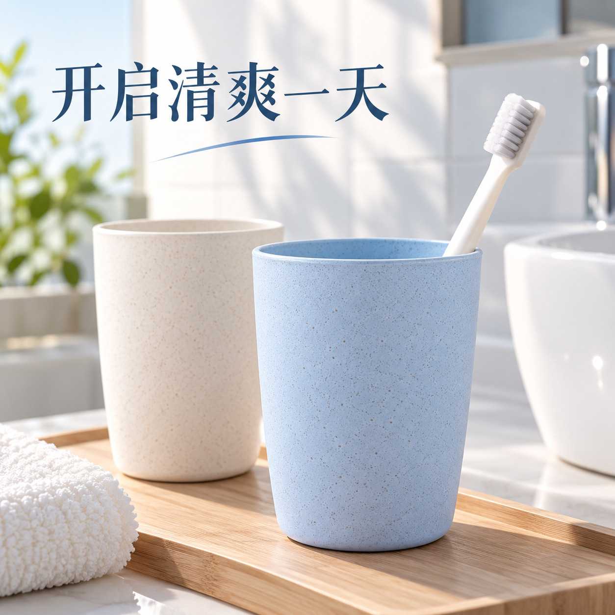小麦秸秆洗漱杯家用浴室刷牙漱口杯浅蓝米白搭配晨间洗漱清新日常