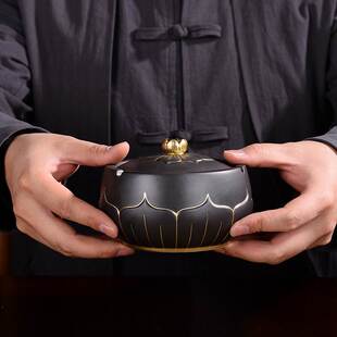 竹官复古手绘荷花陶瓷烟灰缸描金粗陶简约黑陶家用客厅带盖防飞灰