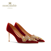 monobabie婚宴鞋 婚礼新娘敬酒鞋 红色秀禾婚鞋 女秋冬绒面中式